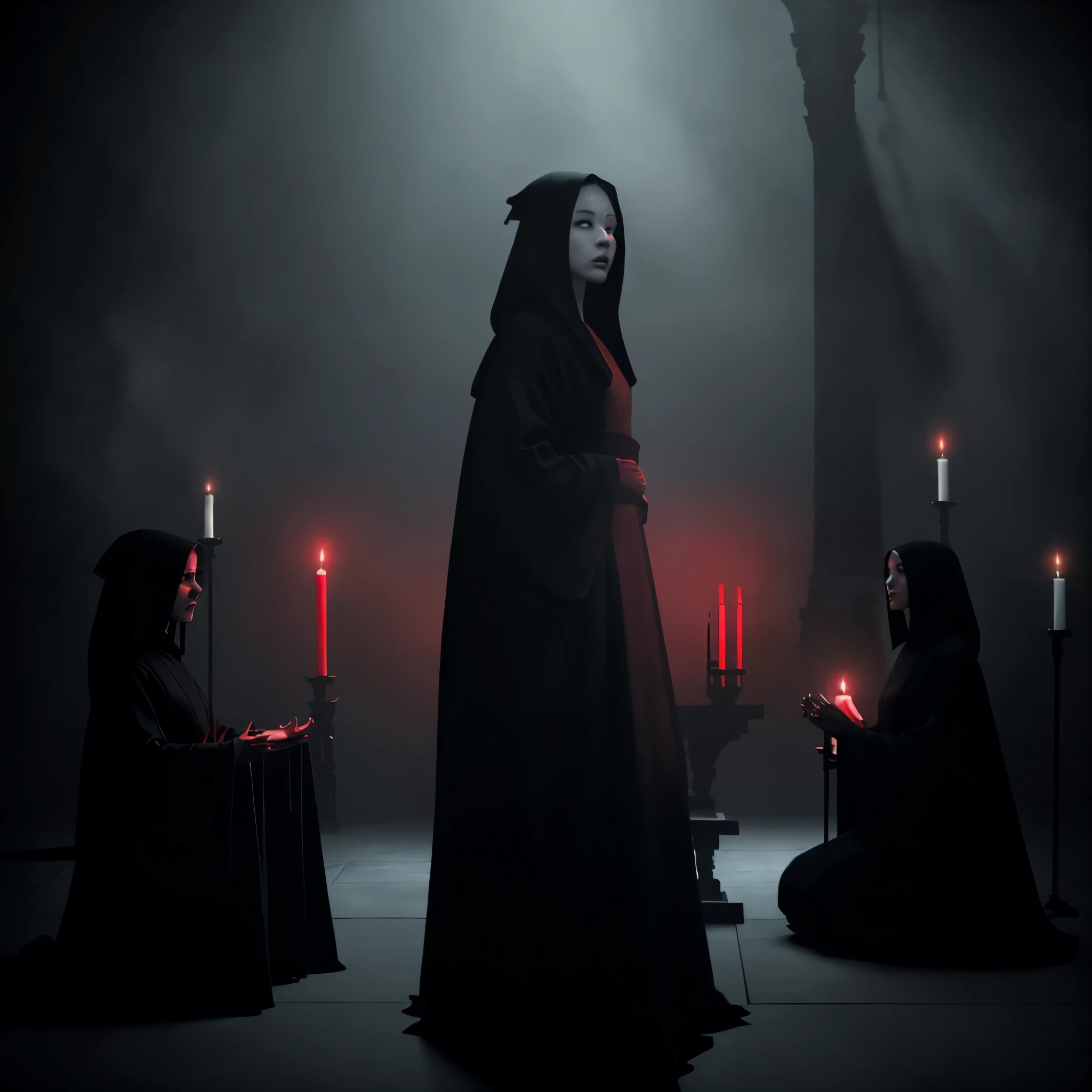 (very sharp result, cinematic desaturated photo) (((dramatic shading))), (((Best Quality))), (((masterpiece))) (((hyper realistic photo))) in starwars universe, gloomy sacred horror magical mood, dramatic backlight shadow, wide view of a sith temple, gothical room ambience, there`s many high priestess japanese girl in black cult hoodie, during a sacrifice ritual, pale skin, mysterious sinister bright red eyes sit at the centre of ritual altar, surrounded by high priestesses