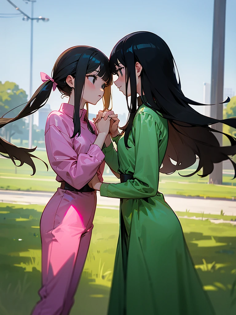 Two adult girls holding hands, One wears two blonde pigtails falling over her shoulders and a pink jumpsuit-type dress while the other wears a long-sleeved green dress., He has black eyes and black hair, long, loose hair without any ties, Her hair reaches her waist and she has straight bangs., loose hair with bangs, in a park, staring, the girl with black hair has it long and loose, she is taller than the blonde girl