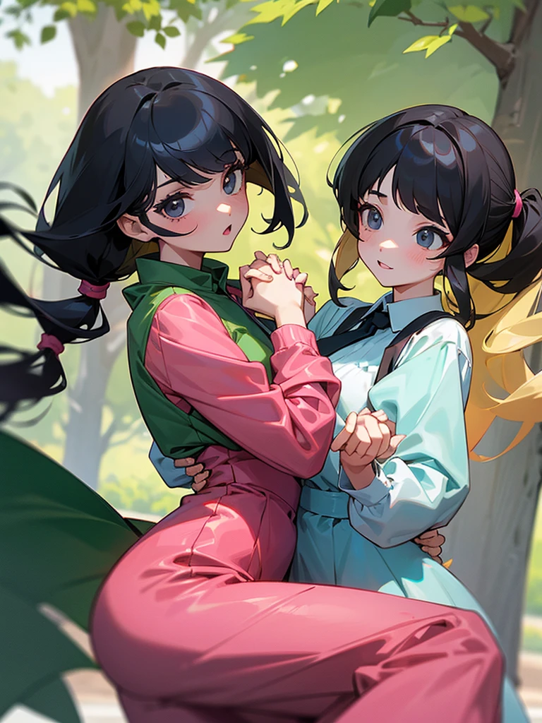 Two adult girls holding hands, One wears two blonde pigtails falling over her shoulders and a pink jumpsuit-type dress while the other wears a long-sleeved green dress., He has black eyes and black hair, long, loose hair without any ties, Her hair reaches her waist and she has straight bangs., loose hair with bangs, in a park, staring, the girl with black hair has it long and loose, she is taller than the blonde girl