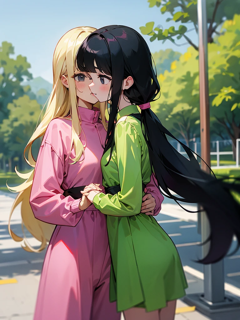 Two adult girls holding hands, One wears two blonde pigtails falling over her shoulders and a pink jumpsuit-type dress while the other wears a long-sleeved green dress., He has black eyes and black hair, long, loose hair without any ties, Her hair reaches her waist and she has straight bangs., loose hair with bangs, in a park, staring, the girl with black hair has it long and loose, she is taller than the blonde girl
