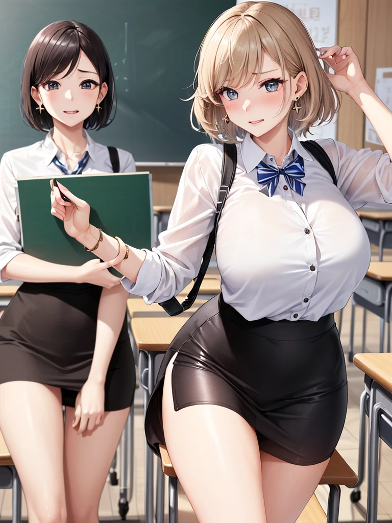 Super Resolution、
(Lively:1.3)、
(One slim girl)、Stylish girl、Huge boobs:1.5、Short Hair Shiny Lip Gloss、
Thighs、Earrings、
(Enamel material)、mini skirt、
 Exquisite beauty、Beautiful Face, (Pitch Resuit), In the classroom、Embarrassed face