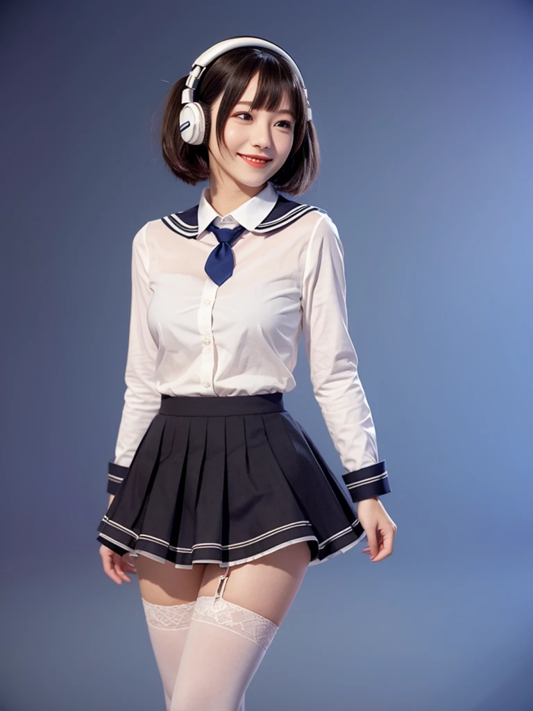 best quality, masterpiece, realistic, photorealistic, 1girl, 独奏, looking at viewer, smile, standing, full body, arms at side, cosplay, BLACK hair, twintails, hair ornament, very short hair, headphones, alternate costume, , sailor collar, shirt, long sleeves, necktie, skirt, pleated skirt, white thighhighs, loafers, simple background, Japanese women、24-years-old、The background is a pure white room、Singing on a microphone、The chest is very small、very Short hair、Part your bangs and sweep them to the side