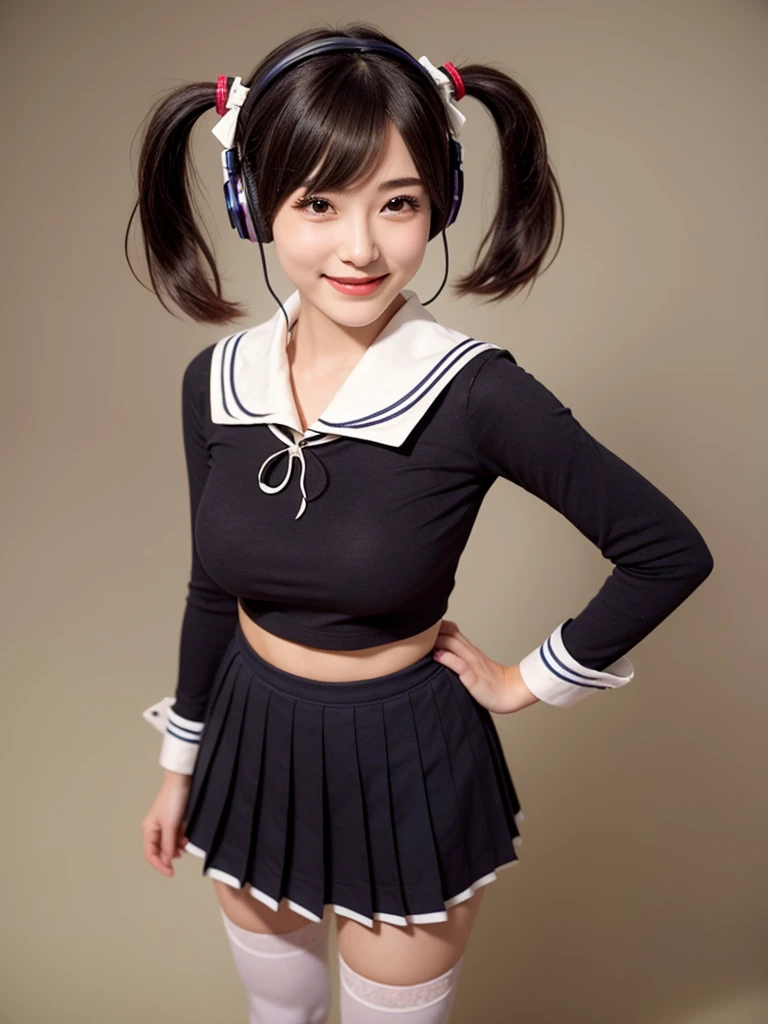 best quality, masterpiece, realistic, photorealistic, 1girl, 独奏, looking at viewer, smile, standing, full body, arms at side, cosplay, BLACK hair, twintails, hair ornament, very short hair, headphones, alternate costume, , sailor collar, shirt, long sleeves, necktie, skirt, pleated skirt, white thighhighs, loafers, simple background, Japanese women、24-years-old、The background is a pure white room、Singing on a microphone、The chest is very small、very Short hair、Part your bangs and sweep them to the side