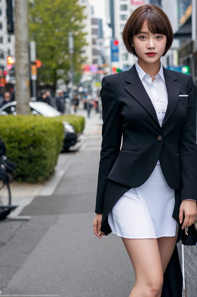 a 18 year old face of the most beautiful actress in the world, the perfect body proportions of a female, tight blazer is worn with formal shirt on female upper body, panties of female crotch between bare legs are seen thanks to skirt is too short, the short hair cut for a female, standing, at the city street, nsfw, best quality, highly detailed, masterpiece, ultra high res, photo realistic, 8k