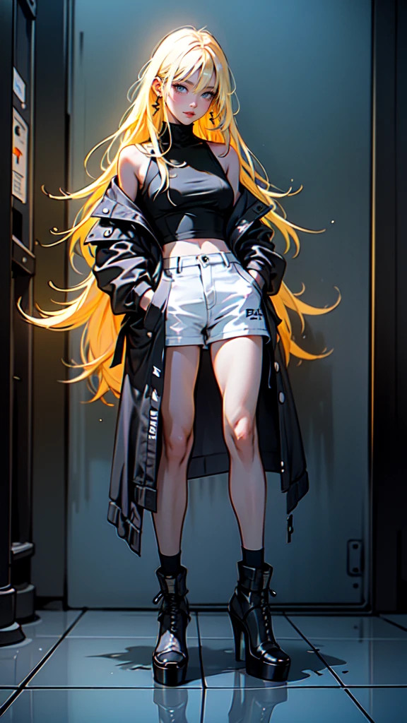 1 girl, long Yellow hair , cyberpunk, blue eyes, high heels, hand in pocket, best quality, 4k, 8k, highres, masterpiece:1.2, ultra-detailed, realistic, photorealistic, photo-realistic:1.37, HDR, UHD, studio lighting, ultra-fine painting, sharp focus, physically-based rendering, extreme detail description, professional, vivid colors, bokeh, cyberpunk, science fiction, neon lights, dark atmosphere, dramatic lighting