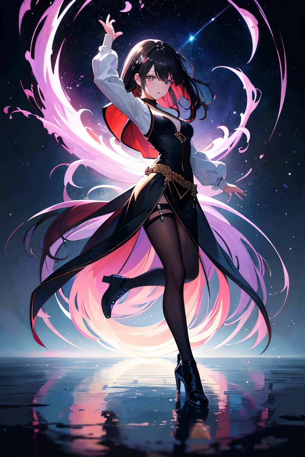 masterpiece，high quality，high resolution，girl，black hair，Gradient hair，arrogant，Perfect body，Colorful paintings，Colored eyes，Bangs, shadow, reflection，flash，Starry Sky，Sky，Dance，whole body