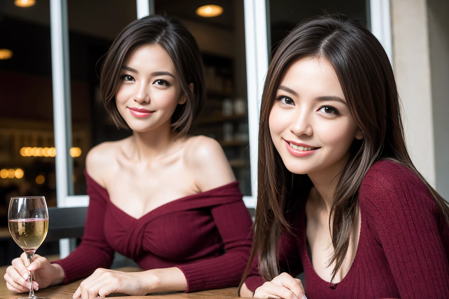 ((Highest quality、8K、masterpiece:1.3))、Sharp focus:1.2、Beautiful woman perfect body:1.4、slimなボディ、((Bob Hale、Straight hair:1.2))、(to be born, Highest quality, masterpiece:1.5), (Realistic, Intricate details:1.2), テーブルにwine glass、Shine light on your face、 Amazing view of the sunset sky and clouds、Amazing mountain views、ニコニコ明るいsmile、smileの素敵な女性、Bright image、2. The beauty of wine, Beautiful Face, blue eyes, The light shines on your face, Blushing, short hair,Bright Face、 (43 years old), 39 years old, Lady、red wine 、Appetizers、Italian food、Wine bottle、Champagne、sparkling wine、Two beauties、Brown Hair、Shortcuts、Long sleeve shirt、dress、Beautiful woman 1, (slimな顔), (The body is slim), (Brown Hair), (Shortcuts), cheeks turn a little red,Attractive beauty、, Out of the window, Beautiful and detailed night view.........., restaurant, In a prominent place (From the waist up) Nova Frog Style, actress, model, Upper Body, White wine, slim, wine glass, 真ん中に置かれたwine glass, smile, (smile: 1.15), Beautiful fine grain, Depth f/2,saturation, High Contrast, Strong light and shadow,Moist Body:1.5、3D texture、Delicate eyes、Brown Hair、The hair is very shiny、