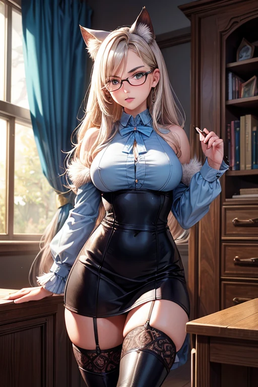 Masterpiece, Beautiful art, professional artist, 8k, art style by sciamano240, Very detailed face, detailed hair, Detailed clothing, detailed fabric, 1 girl, perfectly drawn body, beautiful face, wide, light blue fur , highly detailed blue cat eyes, wearing teacher clothes, thigh high boots, tube skirt, glasses, looking angrily over glasses, sensual lips , pink cheeks, school environment, detailed background, board , show details in the eyes, close up view, looking at the viewer, angry expression, ceñudo, holding the ruler,