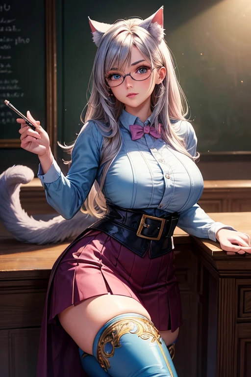 Masterpiece, Beautiful art, professional artist, 8k, art style by sciamano240, Very detailed face, detailed hair, Detailed clothing, detailed fabric, 1 girl, perfectly drawn body, beautiful face, wide, light blue fur , highly detailed blue cat eyes, wearing teacher clothes, thigh high boots, tube skirt, glasses, looking angrily over glasses, sensual lips , pink cheeks, school environment, detailed background, board , show details in the eyes, close up view, looking at the viewer, angry expression, ceñudo, holding the ruler,