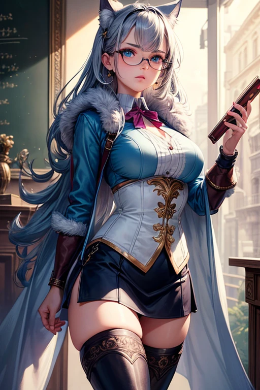 Masterpiece, Beautiful art, professional artist, 8k, art style by sciamano240, Very detailed face, detailed hair, Detailed clothing, detailed fabric, 1 girl, perfectly drawn body, beautiful face, wide, light blue fur , highly detailed blue cat eyes, wearing teacher clothes, thigh high boots, tube skirt, glasses, looking angrily over glasses, sensual lips , pink cheeks, school environment, detailed background, board , show details in the eyes, close up view, looking at the viewer, angry expression, ceñudo, holding the ruler,