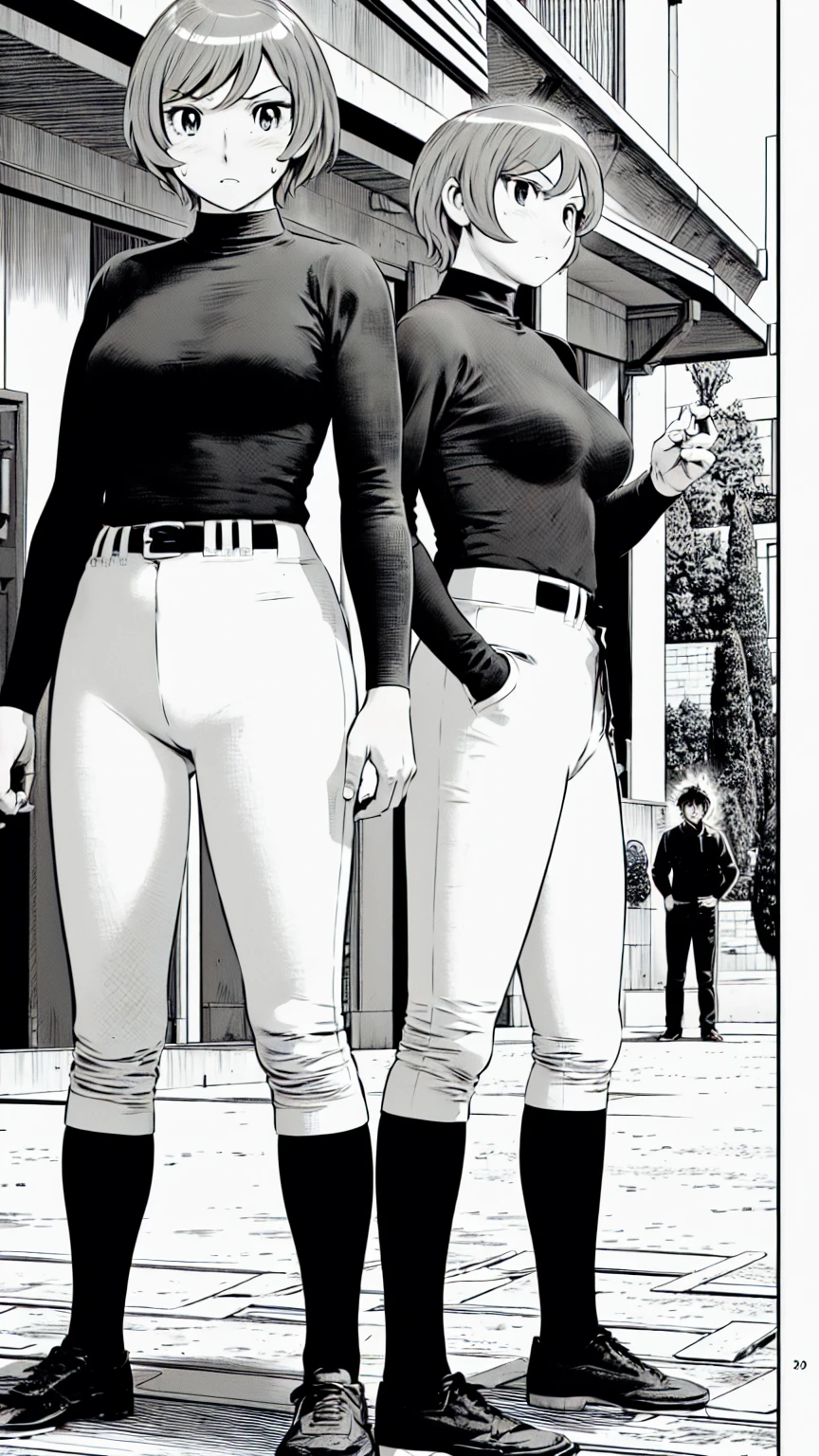 (野球uniform:1.2),
Blonde Hair, (short hair:1.2),Long sleeve, Black Shirt, turtleneck,White trousers、uniform、Black belt、((Illustration of people))、Big Boobs、
View Audience,, (Highest quality:1.3),One Girl, White pants、uniform、Outdoor、baseball ground、ground、soil、blue eyes、Tight black shirt、(masterpiece、Highest quality)、Highest quality, Ultra-high resolution, (((masterpiece))), alone, Sweat、Big eyes、Big Breasts、One Girl, Front view、Embarrassed face、Bronze colored hair、((short hair))、Stand up straight