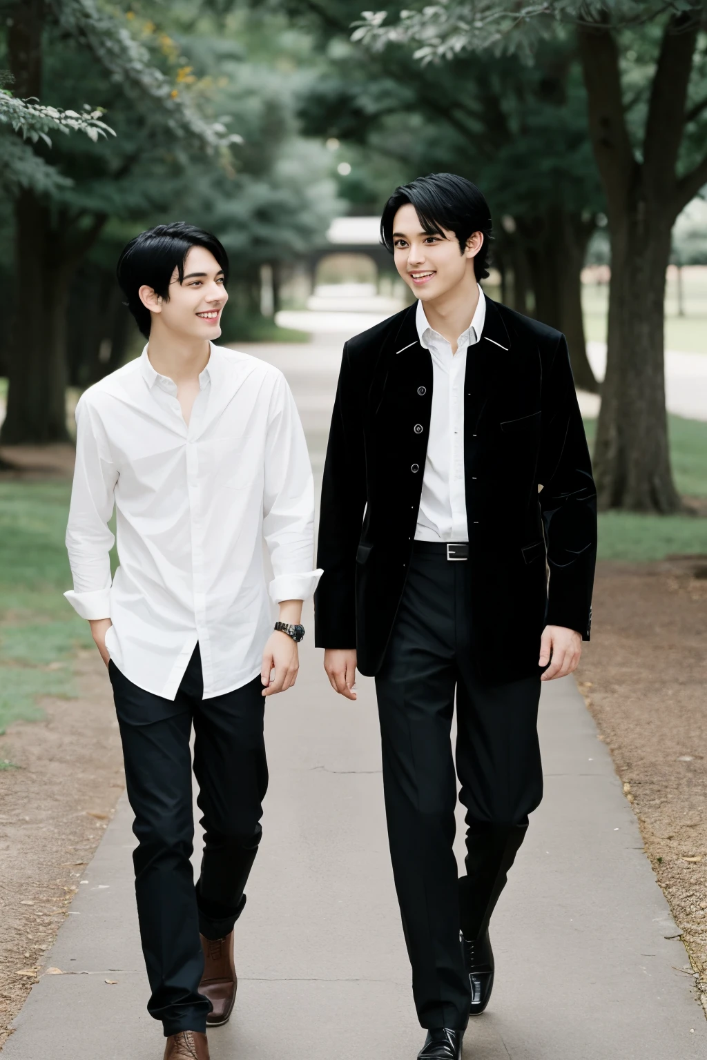 ((Best Quality)) ((anime)) 1 black haired anime boy walking with another white haired boy taller than the ANIME