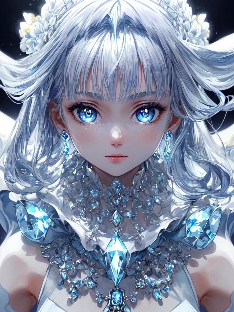 masterpiece, best quality, illustration, sax blue, platinum earrings, platinum necklace, white dress, 1girl, cute, (dynamic lighting:1.2), cinematic lighting, delicate facial features, detailed eyes, sharp pupils, realistic pupils, depth of field, bokeh, sharp focus, (hyper-detailed, bloom, glow:1.4), many small gems