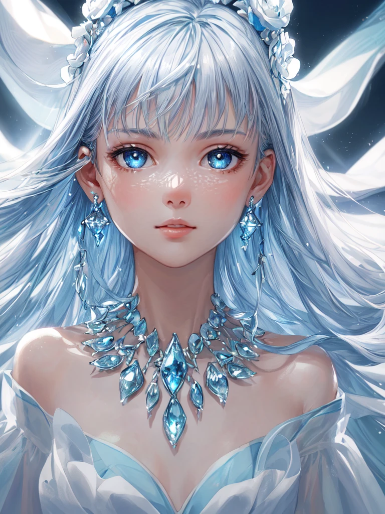 masterpiece, best quality, illustration, sax blue, platinum earrings, platinum necklace, white dress, 1girl, cute, (dynamic lighting:1.2), cinematic lighting, delicate facial features, detailed eyes, sharp pupils, realistic pupils, depth of field, bokeh, sharp focus, (hyper-detailed, bloom, glow:1.4), many small gems