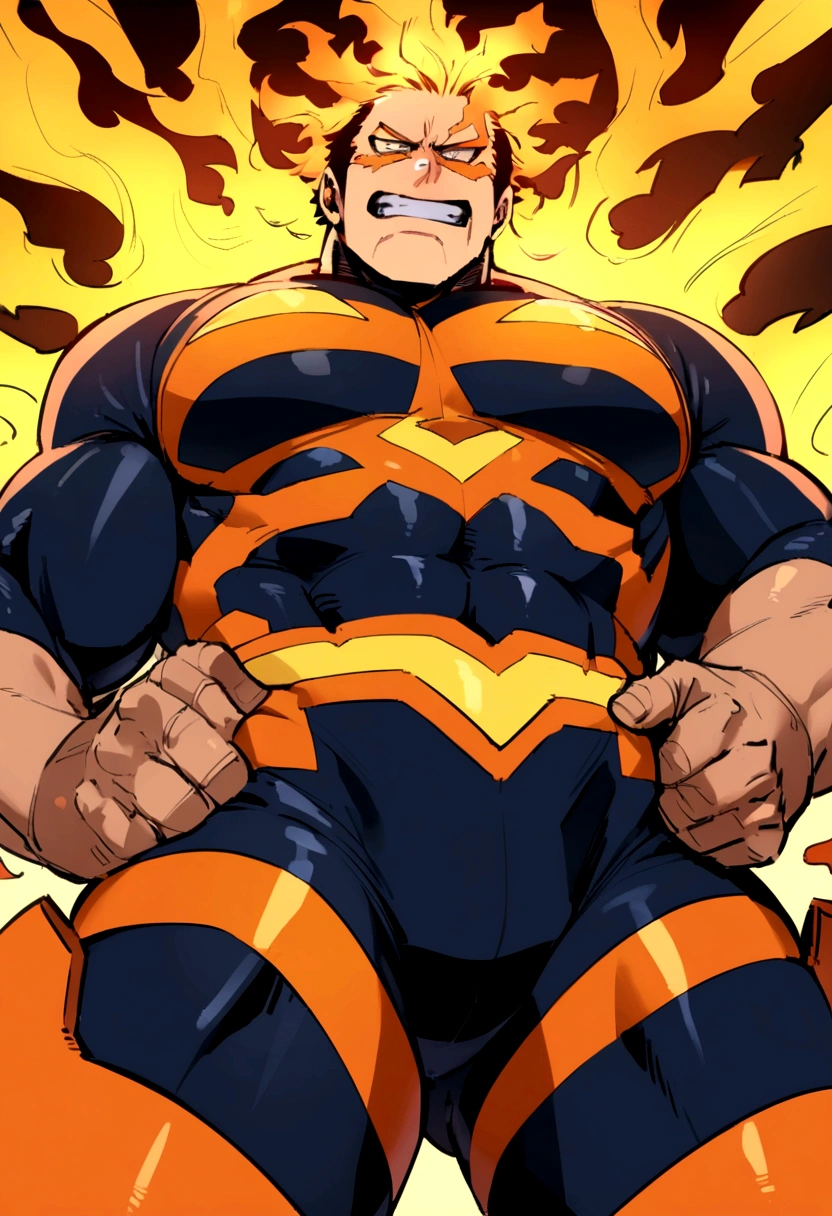 Endeavor, my hero academia, from front, super fine, bodysuits, middle-aged man, hunk, looking down and mouth wide open with shocked face, groin grabbed, groin squeezed,