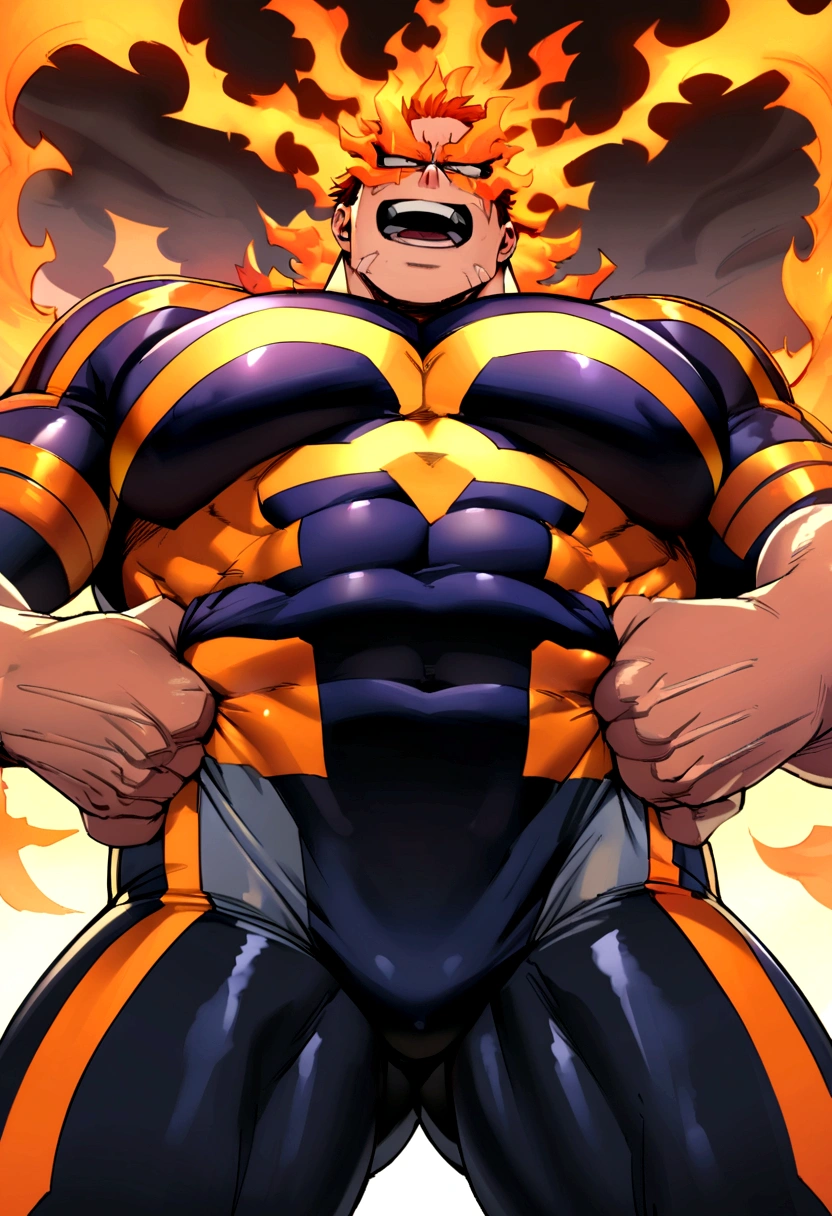 Endeavor, my hero academia, from front, super fine, bodysuits, middle-aged man, hunk, looking down and mouth wide open with shocked face, groin grabbed, groin squeezed,