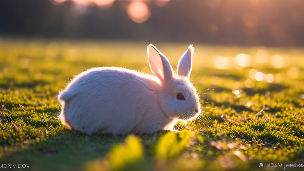 Macro view of a cute baby rabbit surrounded by a beautiful show field with cinematic early morning light. Low camera angle. Frontal view towards rabbit’s face.