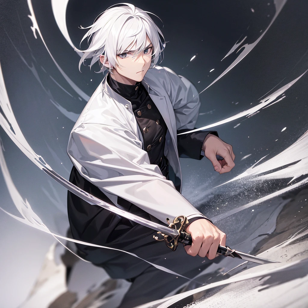 1man,White Hair,Black eyes with no highlights,A sharp face,Expressionless,Staring at me,battle,anime,Swordsman