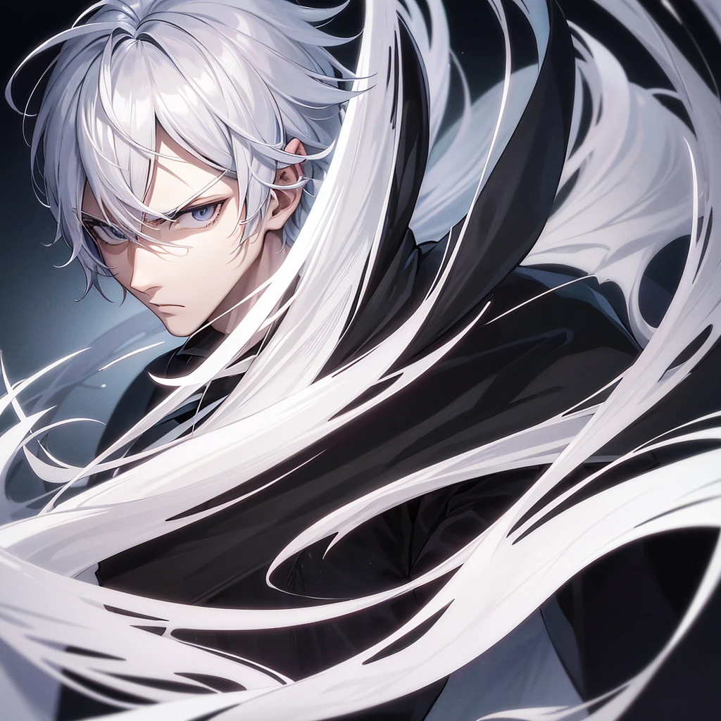 1man,White Hair,Black eyes with no highlights,A sharp face,Expressionless,Staring at me,battle,anime,Swordsman