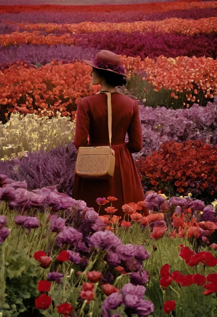 mujired,Picture a vast field of richly colored flowers, captured with a vintage film camera aesthetic, giving the image a classic, grainy texture reminiscent of analog photography. In this field, a woman in a dark red, retro-style dress is surrounded by a sea of dense blooms, all in varying shades of red, burgundy, and purple. The flowers fill the scene completely, with no visible foliage, creating an impression of a timeless, endless floral expanse. The colors are slightly muted and the contrasts softened, as if faded over time, to enhance the nostalgic, film-like quality of the photograph.
