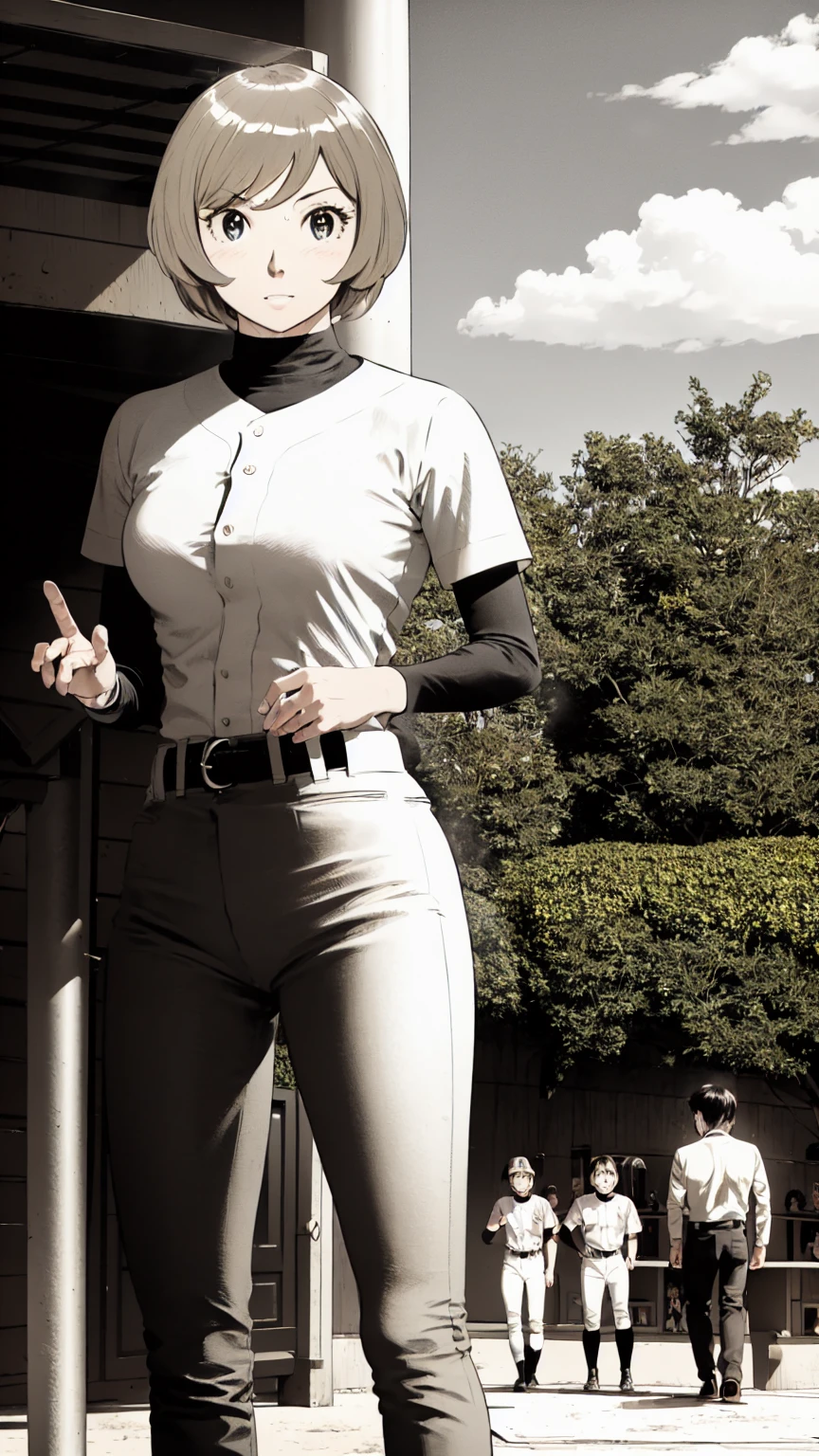 (野球uniform:1.2),
Blonde Hair, (short hair:1.2),Long sleeve, Black Shirt, turtleneck,White trousers、uniform、Black belt、((Illustration of people))、Big 、
View Audience,, (Highest quality:1.3),One Girl, White pants、uniform、Outdoor、baseball ground、ground、soil、blue eyes、Tight black shirt、(masterpiece、Highest quality)、Highest quality, Ultra-high resolution, (((masterpiece))), alone, Sweat、Big eyes、Big Breasts、One Girl, Front view、Embarrassed face、Bronze colored hair、((short hair))、Stand up straight