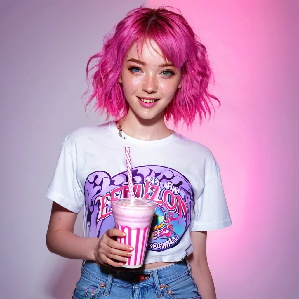 anipoma1,(masterpiece, best illustration, best manga), solo, 1girl, violet eyes, (shiny skin, soft hair), (holding a milkshake), freckles, (bright pink two tone hair:1.3), (wearing a led zepplin tshirt, denim jeans), (extreme light and shadow, volumetric lighting, rim lighting), (daylight:.5), (rainbow lights, light leak), (seductive, smirk), (solo), mangadusk1, manwha1