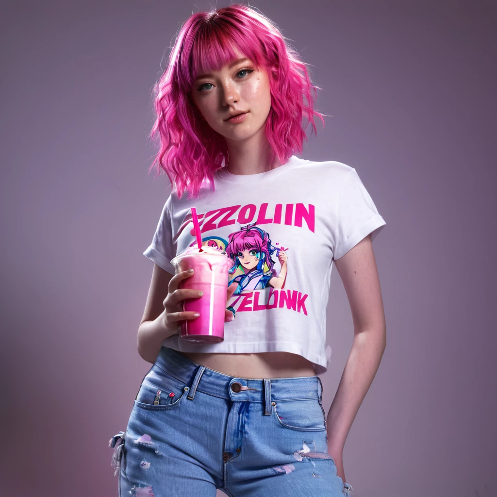 anipoma1,(masterpiece, best illustration, best manga), solo, 1girl, violet eyes, (shiny skin, soft hair), (holding a milkshake), freckles, (bright pink two tone hair:1.3), (wearing a led zepplin tshirt, denim jeans), (extreme light and shadow, volumetric lighting, rim lighting), (daylight:.5), (rainbow lights, light ????), (seductive, smirk), (solo), mangadusk1, manwha1