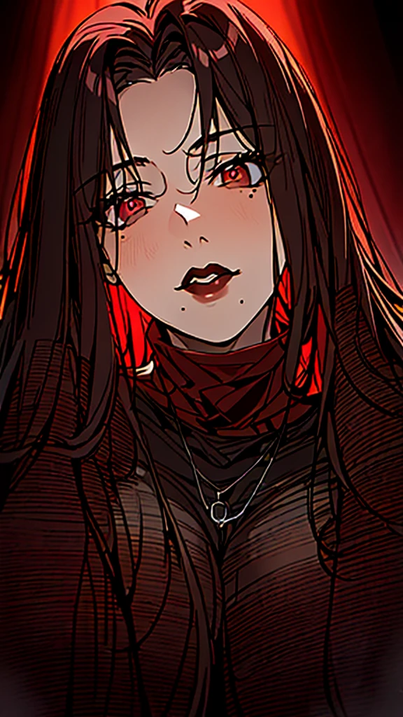 masterpiece:1.2, 1women, sfw, (Romanian girl), (30 years), (Best quality), (real picture, complex parts, depth of field), very detailed, perfect face, (deep red glowing eyes), (dark red lips, pale skin), attractive waist, high, tight belly, (long black straight hair:1.2), (bangs curtain), sexual, (lurge breasts:1.2), hanging breasts ((woman in a dark red shirt)), (front view), dark atmosphere, gothic style, black chain with a black cross, gothic style, (mole in the lower corner of the lips), 