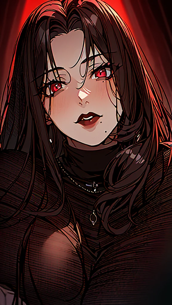 masterpiece:1.2, 1women, sfw, (Romanian girl), (30 years), (Best quality), (real picture, complex parts, depth of field), very detailed, perfect face, (deep red glowing eyes), (dark red lips, pale skin), attractive waist, high, tight belly, (long black straight hair:1.2), (bangs curtain), sexual, (lurge breasts:1.2), hanging breasts ((woman in a dark red shirt)), (front view), dark atmosphere, gothic style, black chain with a black cross, gothic style, (mole in the lower corner of the lips), 