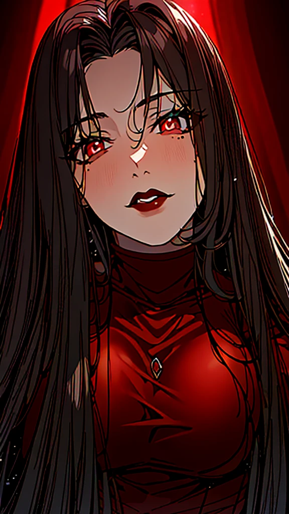 masterpiece:1.2, 1women, sfw, (Romanian girl), (30 years), (Best quality), (real picture, complex parts, depth of field), very detailed, perfect face, (deep red glowing eyes), (dark red lips, pale skin), attractive waist, high, tight belly, (long black straight hair:1.2), (bangs curtain), sexual, (lurge breasts:1.2), hanging breasts ((woman in a dark red shirt)), (front view), dark atmosphere, gothic style, black chain with a black cross, gothic style, (mole in the lower corner of the lips), 