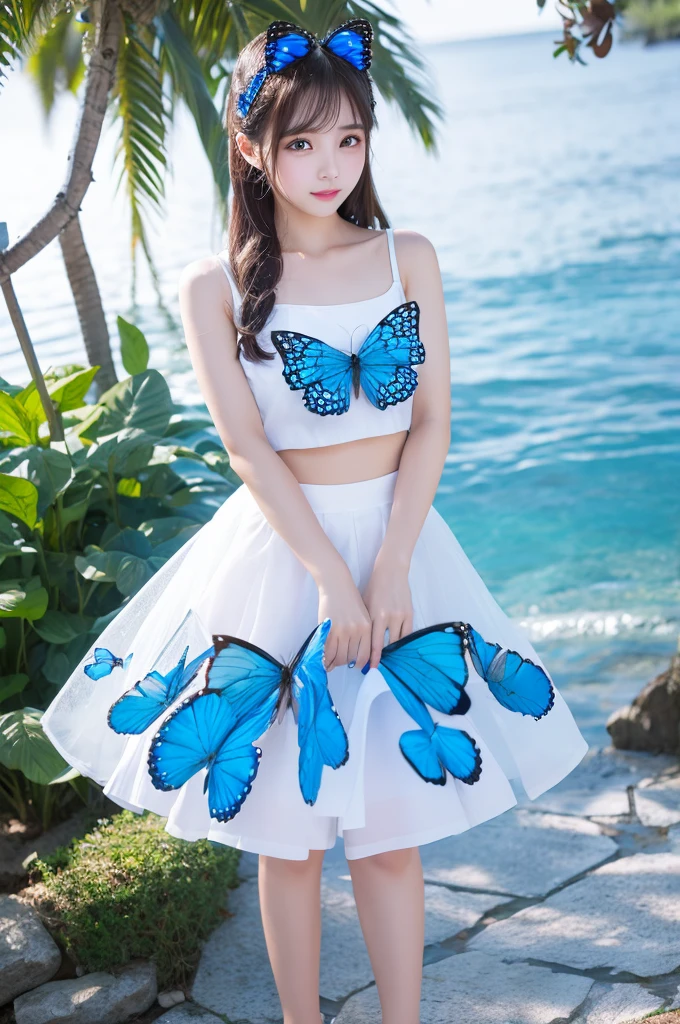 Female idol covered in butterflies、Full body Esbian、、Fluorescent blue swimsuit full of butterflies、luminescent、colorful hair