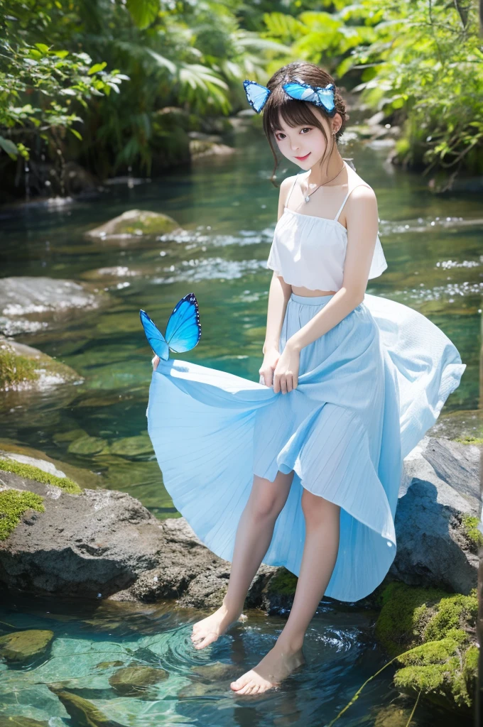 1 Girl, Clear water, Blue Butterfly, Pure white gauze skirt, Sparkling