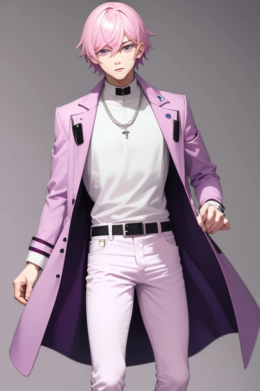 Gumball Handsome 18 year old boy with pale pink hair, pale pink skin, pierced ears, purple eyes, open white doctor's coat, pale purple jeans, white shirt with candy print, black belt, red jeans, necklace with blue gem, looking directly at the viewer. a white background.