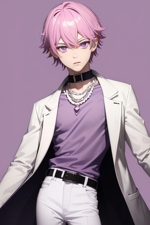 Gumball Handsome 18 year old boy with pale pink hair, pale pink skin, pierced ears, purple eyes, open white doctor's coat, pale purple jeans, white shirt with candy print, black belt, red jeans, necklace with blue gem, looking directly at the viewer. a white background.