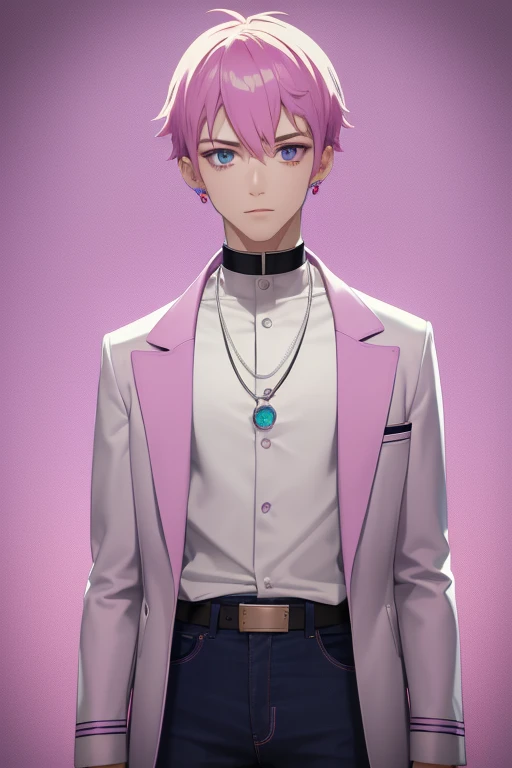 Gumball Handsome 18 year old boy with pale pink hair, pale pink skin, pierced ears, purple eyes, open white doctor's coat, pale purple jeans, white shirt with candy print, black belt, red jeans, necklace with blue gem, looking directly at the viewer. a white background.