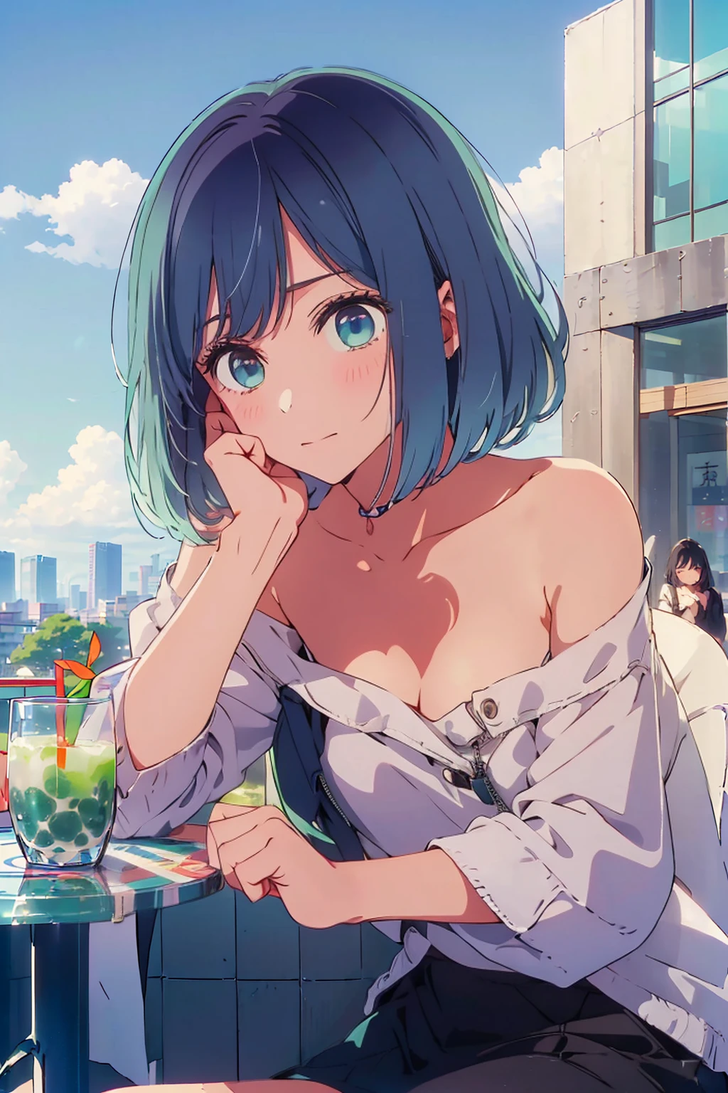 (Highest quality:1.4、8K:1.4、detailed)、F cup bust、Big Breasts、Slim body、Very white beautiful skin、((((1 person、Surprised expression、sit、Chair、In the background are the urban buildings of Tokyo、looking at the camera、Outdoor café terrace、Navy hair color、juice、Shooting up close、Shooting from an angle、table、Very cute face))))、((((nude、Areola))))、(Hand touching cheek pose:1.4、Cheek resting on hand:1.4)、Off-the-shoulder zip-up jacket、Very blue sky、A completely cloudless sky