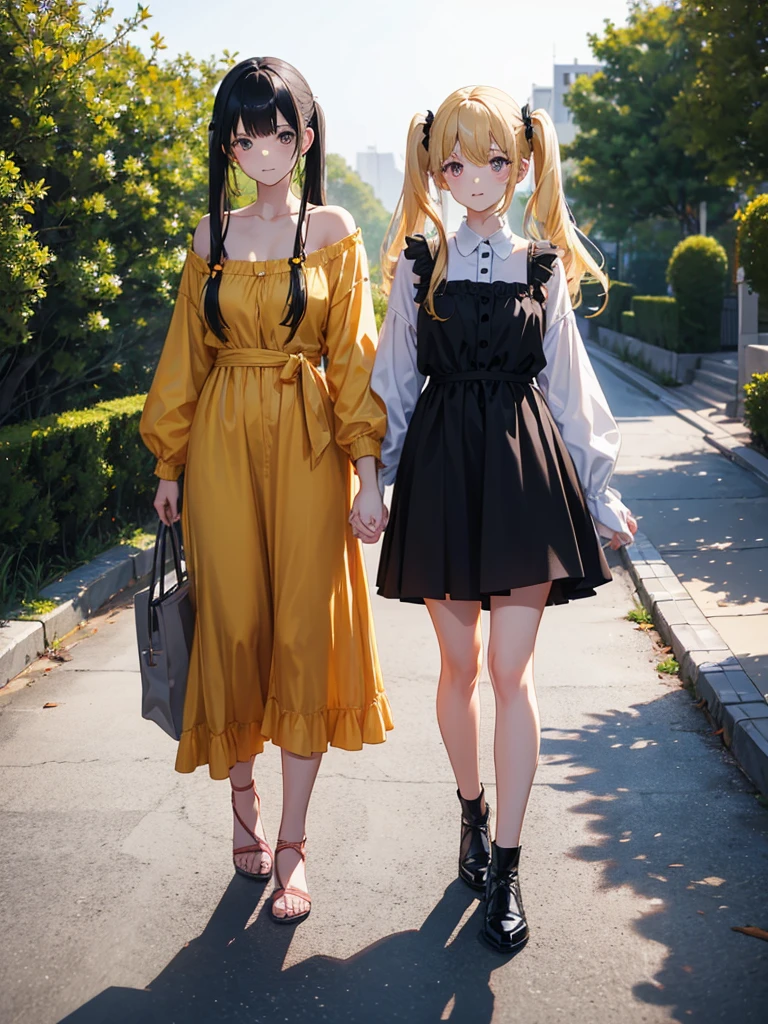 Two adult girls holding hands, One wears two blonde pigtails falling over her shoulders and a pink jumpsuit-type dress while the other wears a long-sleeved green dress., He has black eyes and black hair, long, loose hair without any ties, Her hair reaches her waist and she has straight bangs., loose hair with bangs, in a park, staring, the girl with black hair has it long and loose, she is taller than the blonde girl