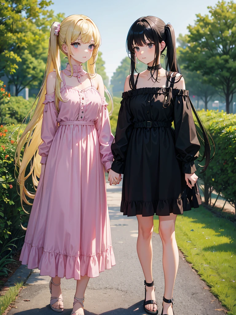 Two adult girls holding hands, One wears two blonde pigtails falling over her shoulders and a pink jumpsuit-type dress while the other wears a long-sleeved green dress., He has black eyes and black hair, long, loose hair without any ties, Her hair reaches her waist and she has straight bangs., loose hair with bangs, in a park, staring, the girl with black hair has it long and loose, she is taller than the blonde girl