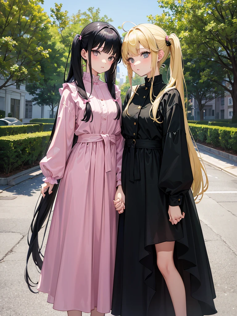 Two adult girls holding hands, One wears two blonde pigtails falling over her shoulders and a pink jumpsuit-type dress while the other wears a long-sleeved green dress., He has black eyes and black hair, long, loose hair without any ties, Her hair reaches her waist and she has straight bangs., loose hair with bangs, in a park, staring, the girl with black hair has it long and loose, she is taller than the blonde girl