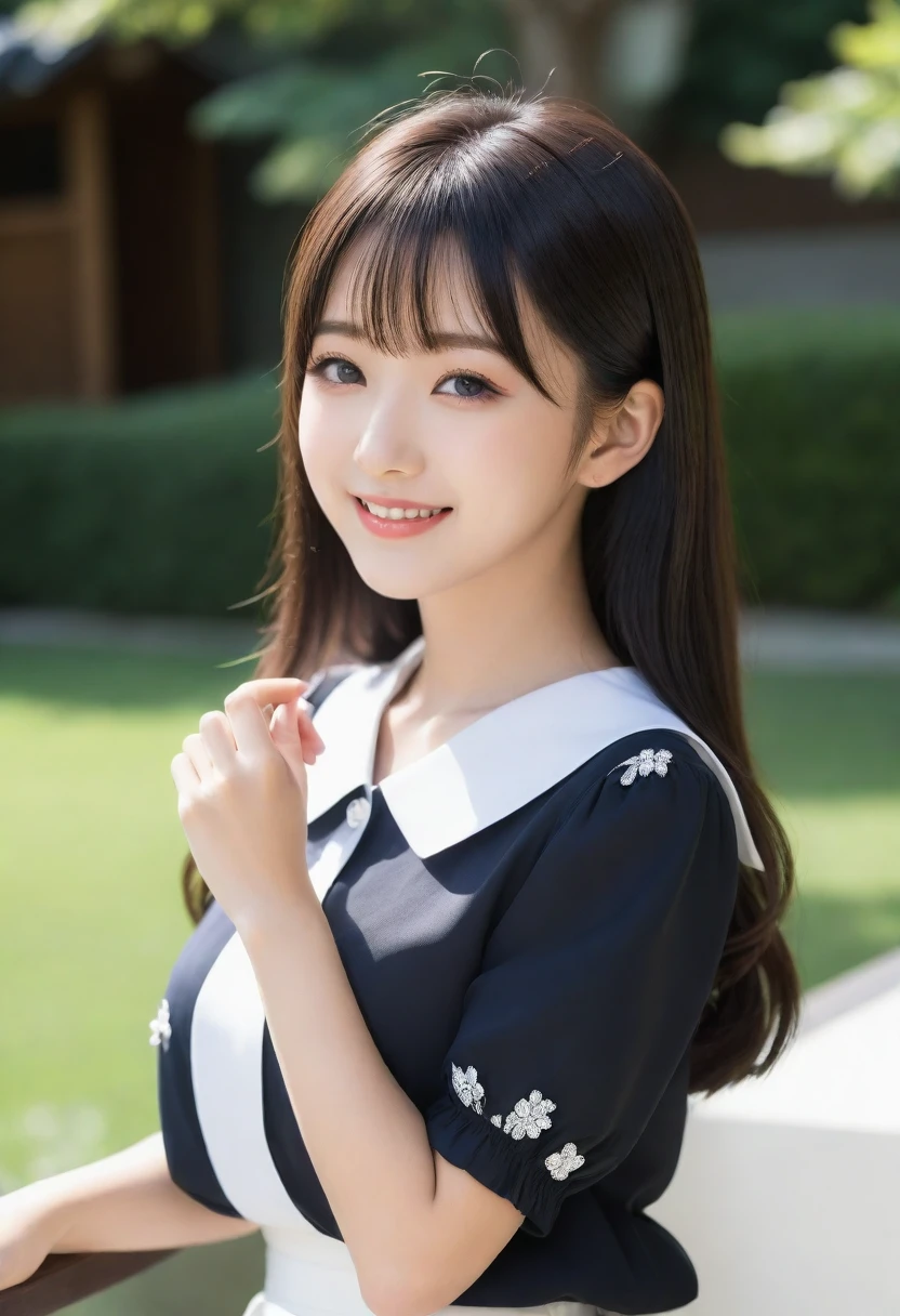 8K, Ultra-high resolution, Highest quality, masterpiece, 三分割法によるphotograph,Surreal, photograph, 1 girl, (:1.3), pretty girl, Cute face, Beautiful eyes in every detail, 細かくdetailedに,masterpiece,, One Girl:1.2, Japan Female Announcer,whole body、Black Hair、well-groomed eyebrows、Cute Lip Makeup,garden,squirt,summer,Sparkling sunlight,Blouse with collar,Pencil Skirt,Cute gestures、so beautiful,A carefree smile,Healing the heart,blunt bangs,Looking at the audience、beauty,Long neck、Laugh a little、Please close your mouth and laugh、(((Ideal body type))),A-cup small breasts :2,、Portraiture:2、Perfect Anatomy、鮮明なdetailed、detailed、Surreal、Light and shadow,Strong light
