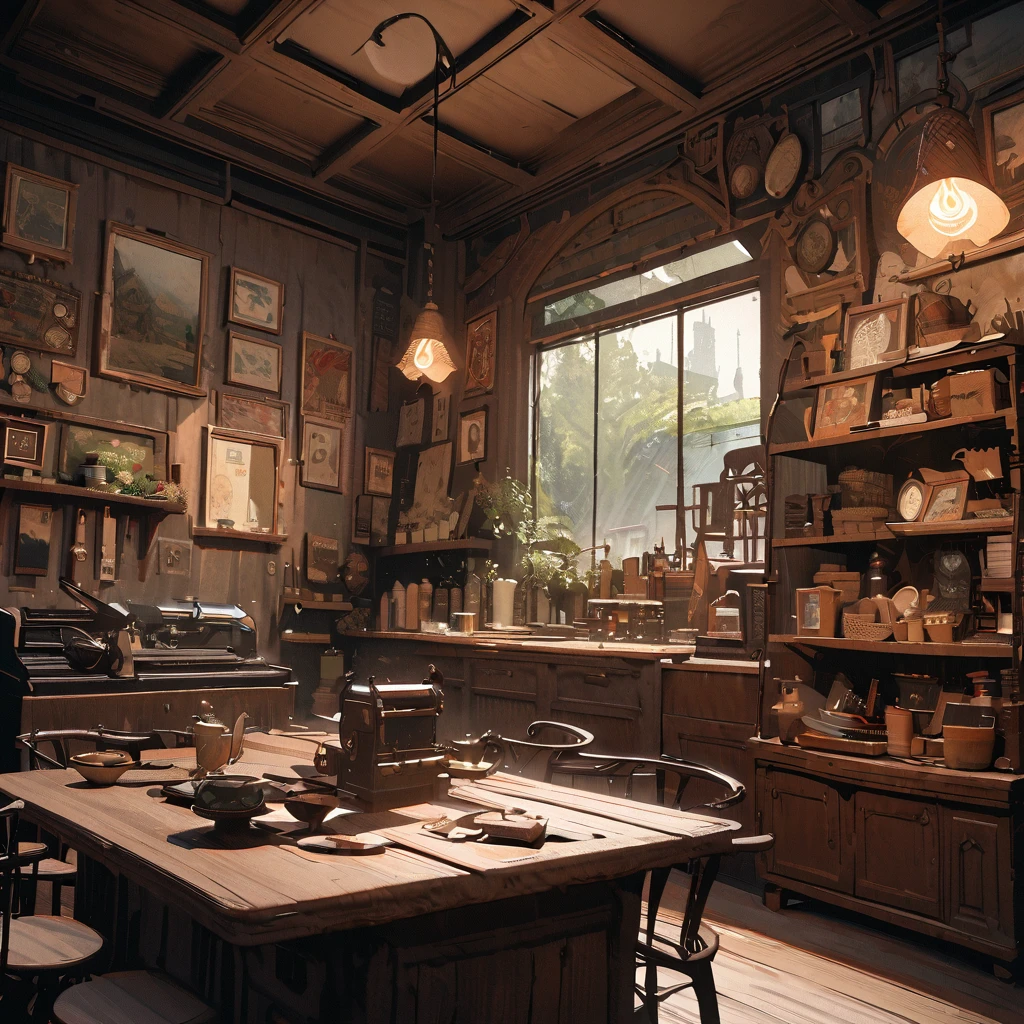 masterpiece,highest quality,ultra-detailed,high-definition background,ultra-precision picture quality,ultra-detailed,high-definition background,8K,hi-res,high quality,break,atmospheric cafe,antique Shop interior, stylish decor, girl, Japanese manga style, sketch, digital watercolour.