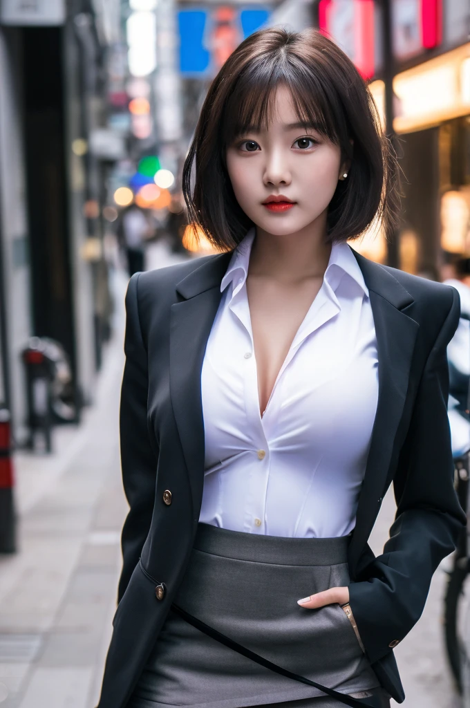 a 18 year old face of the most beautiful actress in the world, the perfect body proportions of a female, tight blazer is worn with formal shirt on female upper body, panties of female crotch between bare legs are seen thanks to skirt is too short, the short hair cut for a female, standing, at the city street, nsfw, best quality, highly detailed, masterpiece, ultra high res, photo realistic, 8k