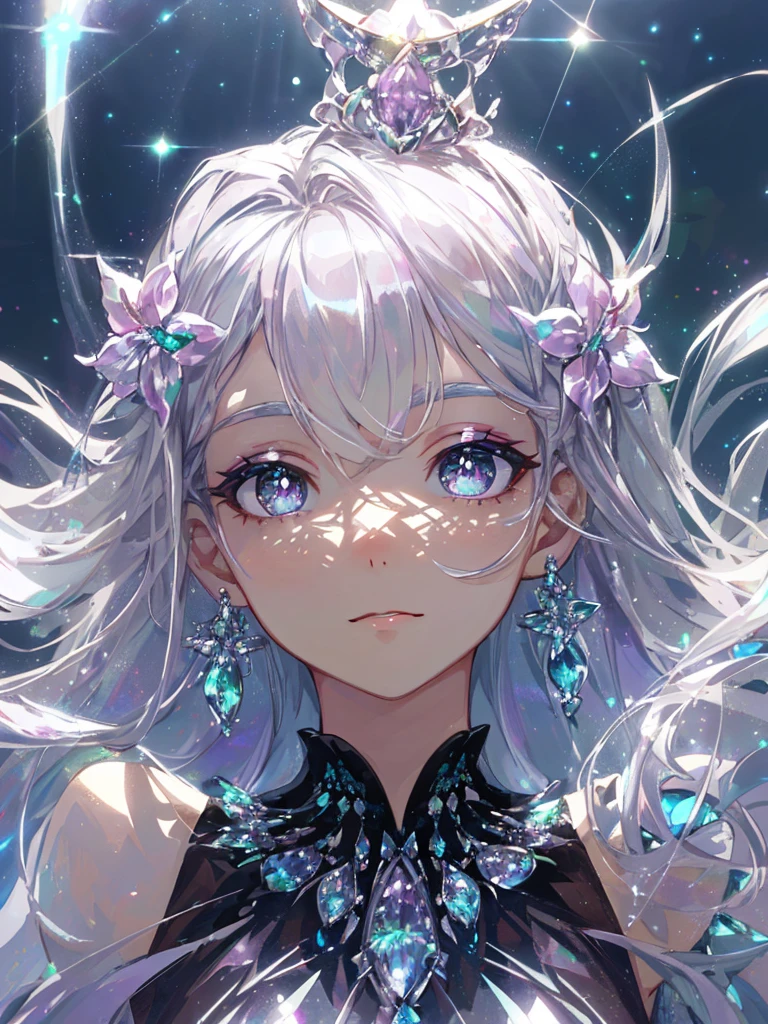 masterpiece, highest quality, figure, alexandrite eyes and hair, platinum earrings, Platinum Necklace, white dress, The Little Mermaid, cute, (dynamic lighting:1.2), cinematic lighting, delicate features, fine eyes, sharp pupils, realistic student, Depth of bounds written, Bokeh, sharp focus, (very detailed, bloom, shine:1.4), Many Small Gems, big tits