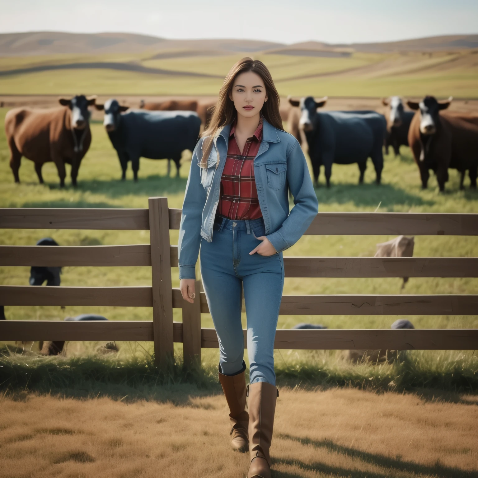 A woman in a red shirt and jeans stands in front of a herd of cows., Wear farm clothes, cow girl, Song Hye-Kyo, crystal, Wear a dark shirt and jeans., standing in the grass, Korean female fashion model, standing in the grass, In the countryside, Japanese Farmer, Bae Suzy, On the farm, cowgirl, Lulu Chen