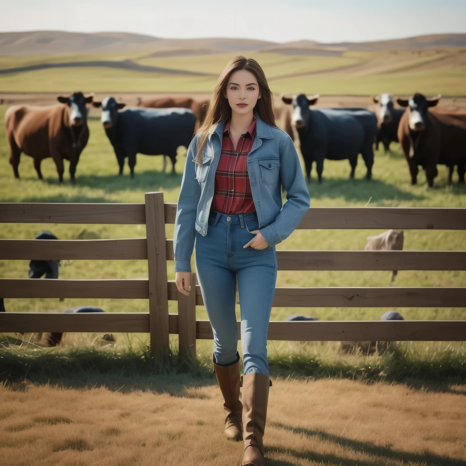 A woman in a red shirt and jeans stands in front of a herd of cows., Wear farm clothes, cow girl, Song Hye-Kyo, crystal, Wear a dark shirt and jeans., standing in the grass, Korean female fashion model, standing in the grass, In the countryside, Japanese Farmer, Bae Suzy, On the farm, cowgirl, Lulu Chen