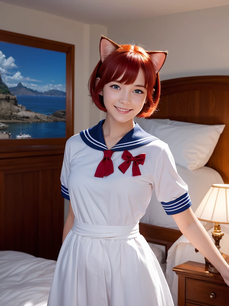 Highest quality,High resolution,1People Girl,whole body,fine,smile,looking at the camera,Bedroom,Dazzling lighting,short hair,Crimson hair,Blue eyes,Sailor suit,beautiful girl,Cat ears on the head,Cat tail on waist,smile,be happy,Landscape,