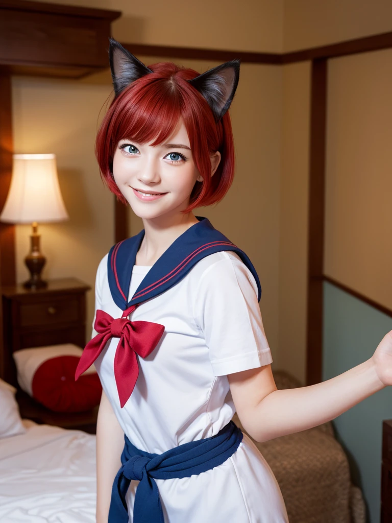 Highest quality,High resolution,1People Girl,whole body,fine,smile,looking at the camera,Bedroom,Dazzling lighting,short hair,Crimson hair,Blue eyes,Sailor suit,beautiful girl,Cat ears on the head,Cat tail on waist,smile,be happy,Landscape,