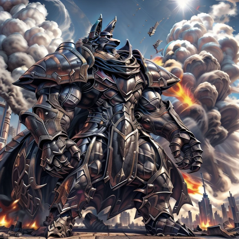 (solo. masterpiece. official art. 8k. best quality. detailed full body. full body.)

(situation 1 : dominating LUCARIO. LUCARIO is over 1000 meters long. focus GIANT mechanical Muscular LUCARIO is trampling the city. Looking down. macro. stomp. Low-angle perspective. emphasizing the immense size.)

(situation 2 :smoke and flames rising from the destruction in the city)

(Additional details 1: wearing a full-face helmet. high-tech bio-mecha armor. real texture material. whole body shines like metal. Wearing cyberpunk mecha. emphasizes the muscles. suit fully made of metal. intricate armor. Robotic suit. suit fully made of metal. cyborg. Powered exoskeleton with the same design as LUCARIO).

(Additional details 2: (Detailed head. Detailed Body. Detailed abs. gigantic muscles. HYPER MUSCLES. Gigachad Muscular. big muscle. pecs. triceps. traps. unusually developed muscular body. body full of huge muscles. showing off muscles. pectorales enormes. Exaggeratedly huge muscles. huge muscles. long legs.). He wears a black cloak on his back.
(Additional details 5: wearing a full-face helmet. a fantasy-style biomecha armored combat suit. composite layered chest armor, fully enclosed shoulder guards, hero in anime style, perfect body proportions, golden ratio)