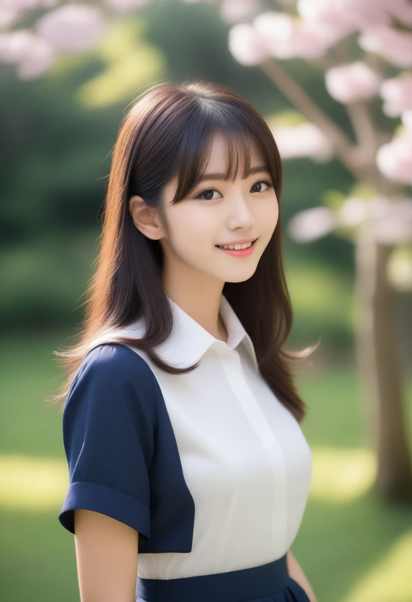 8K, Ultra-high resolution, Highest quality, masterpiece, 三分割法によるphotograph,Surreal, photograph, 1 girl, (:1.3), pretty girl, Cute face, Beautiful eyes in every detail, 細かくdetailedに,masterpiece,, One Girl:1.2, Japan Female Announcer,whole body、Black Hair、well-groomed eyebrows、Cute Lip Makeup,garden,squirt,summer,Sparkling sunlight,Blouse with collar,Pencil Skirt,Cute gestures、so beautiful,A carefree smile,Healing the heart,blunt bangs,Looking at the audience、beauty,Long neck、Laugh a little、Please close your mouth and laugh、(((Ideal body type))),A-cup small breasts :2,、Portraiture:2、Perfect Anatomy、鮮明なdetailed、detailed、Surreal、Light and shadow,Strong light