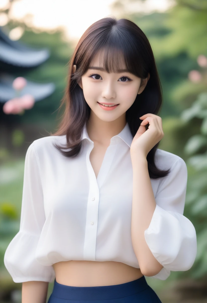 8K, Ultra-high resolution, Highest quality, masterpiece, 三分割法によるphotograph,Surreal, photograph, 1 girl, (:1.3), pretty girl, Cute face, Beautiful eyes in every detail, 細かくdetailedに,masterpiece,, One Girl:1.2, Japan Female Announcer,whole body、Black Hair、well-groomed eyebrows、Cute Lip Makeup,garden,squirt,summer,Sparkling sunlight,Blouse with collar,Pencil Skirt,Cute gestures、so beautiful,A carefree smile,Healing the heart,blunt bangs,Looking at the audience、beauty,Long neck、Laugh a little、Please close your mouth and laugh、(((Ideal body type))),A-cup small breasts :2,、Portraiture:2、Perfect Anatomy、鮮明なdetailed、detailed、Surreal、Light and shadow,Strong light